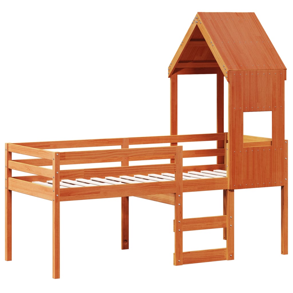 Høyseng med tak voksbrun 75x190 cm heltre furu