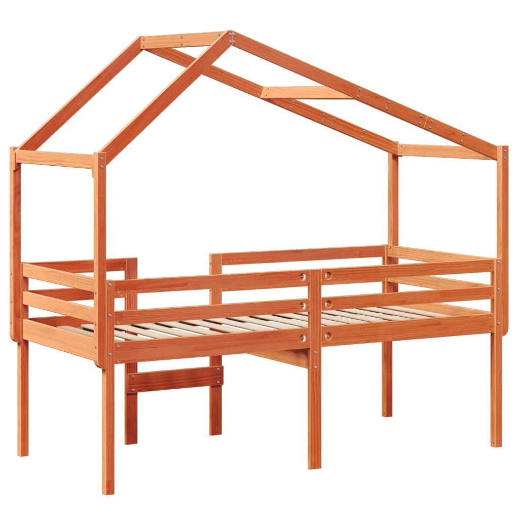 Høyseng med tak voksbrun 90x200 cm heltre furu