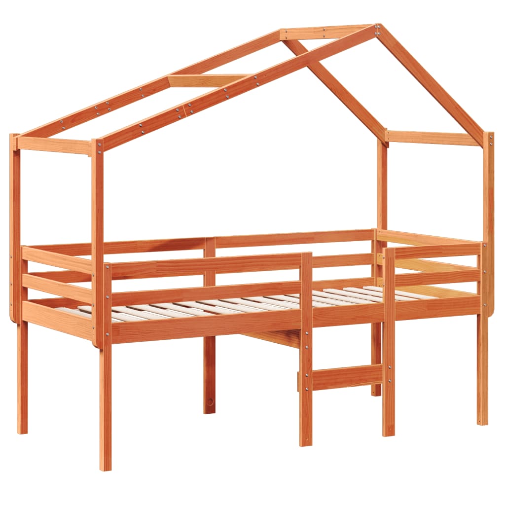 Høyseng med tak voksbrun 90x190 cm heltre furu