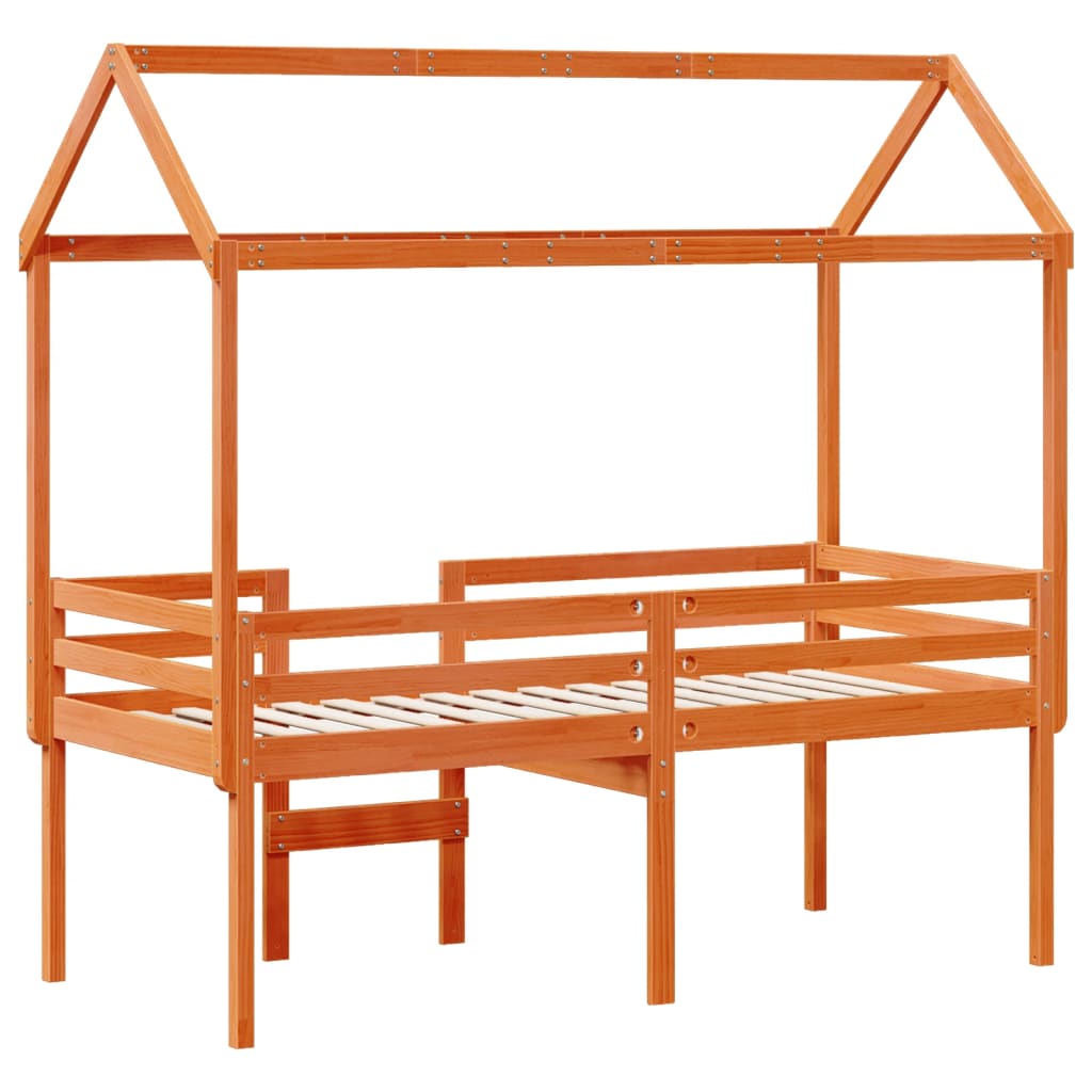 Høyseng med tak voksbrun 90x190 cm heltre furu