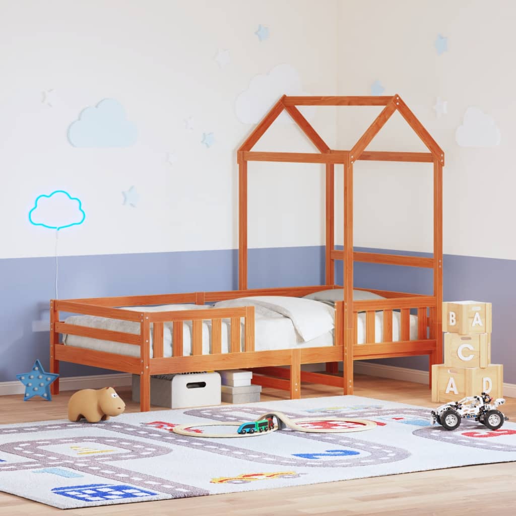 Sengeramme med tak voksbrun 80x200 cm heltre furu