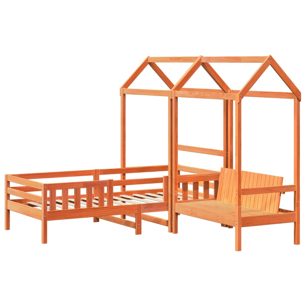 Sett med seng og benk med tak voksbrun 90x190 cm heltre furu