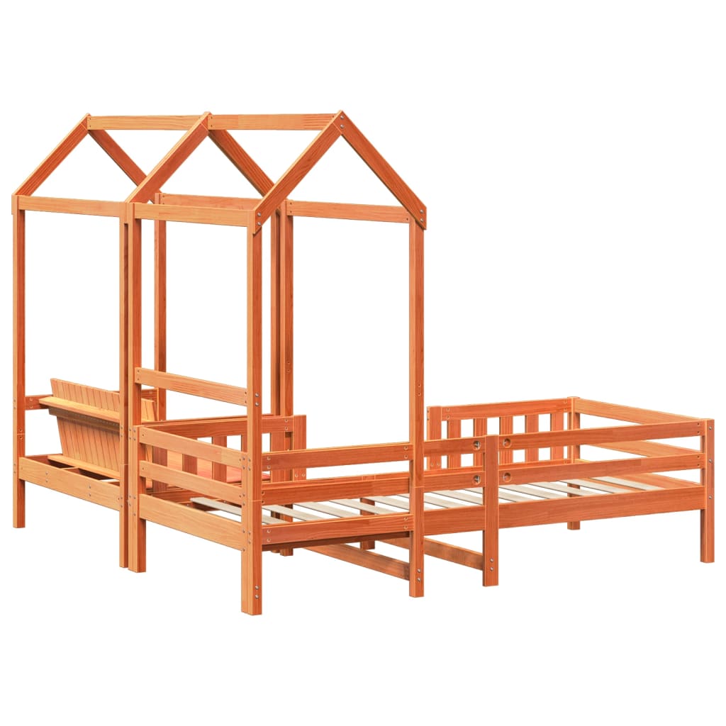 Sett med seng og benk med tak voksbrun 90x190 cm heltre furu