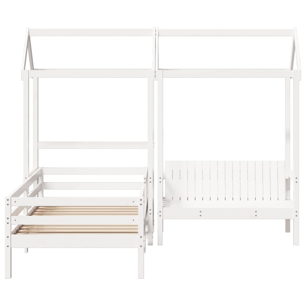 Sett med seng og benk med tak hvit 75x190 cm heltre furu