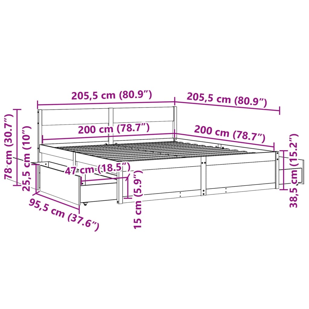 Sengeramme med madrass hvit 200x200 cm heltre furu