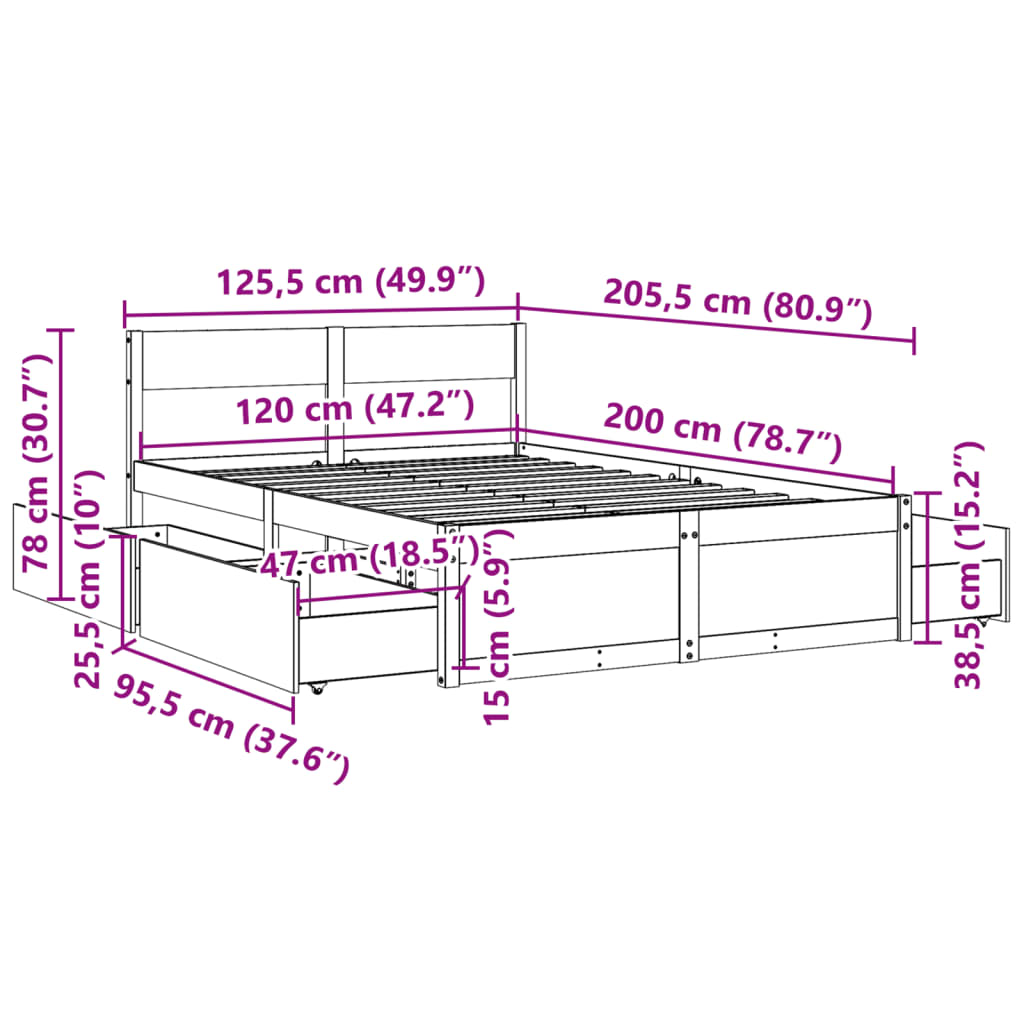 Sengeramme uten madrass 120x200 cm heltre furu