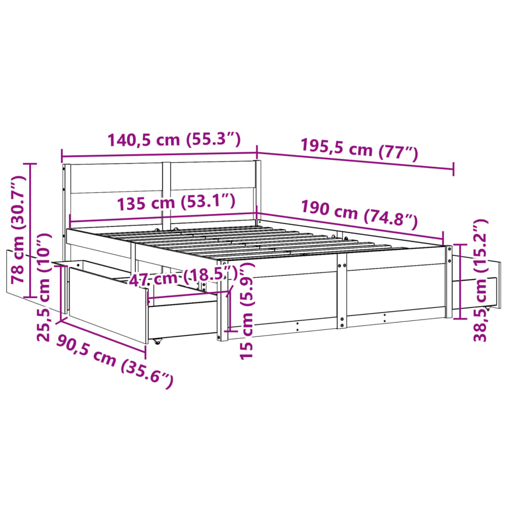 Sengeramme uten madrass hvit 135x190 cm heltre furu