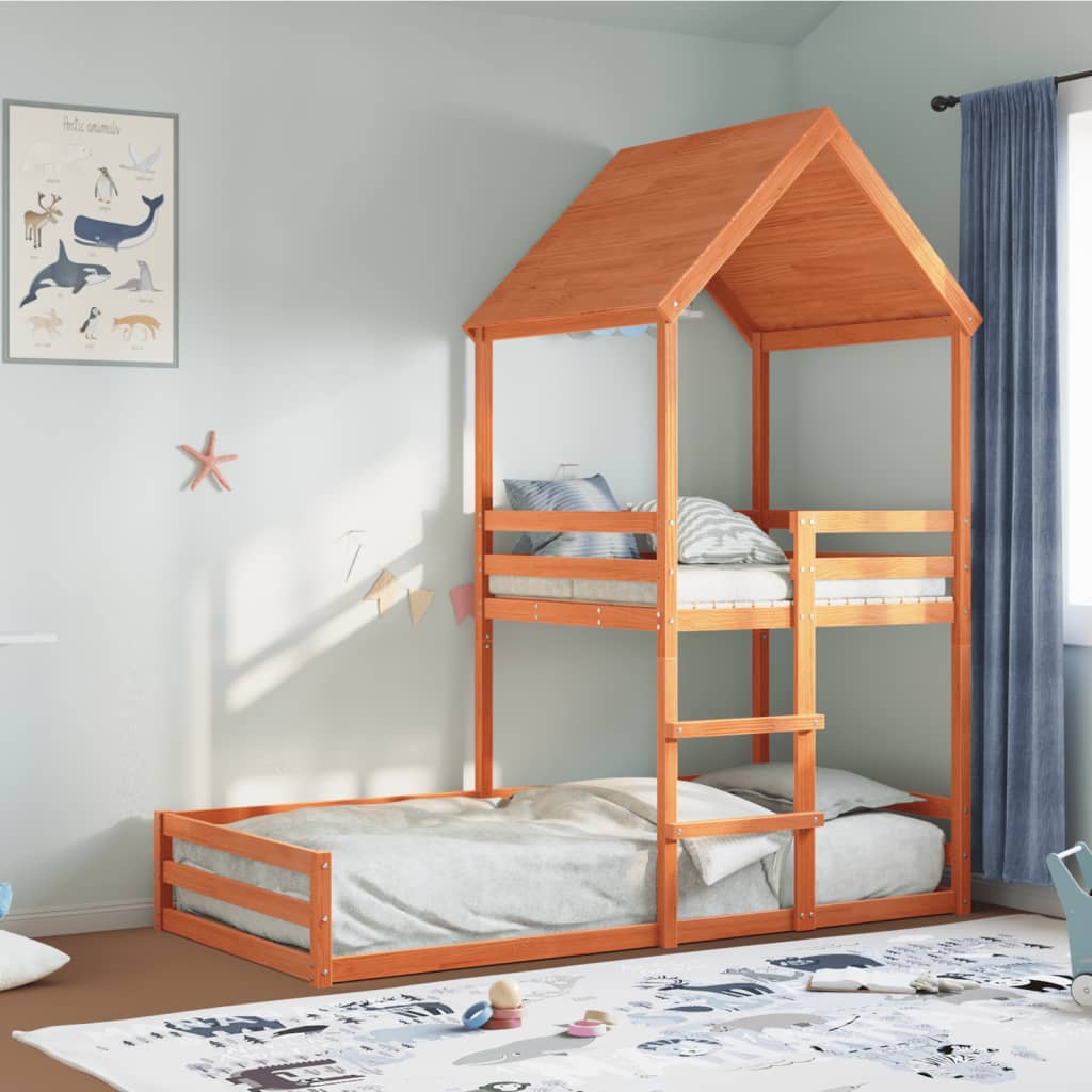 Barneseng med tak voksbrun 80x200 cm heltre furu