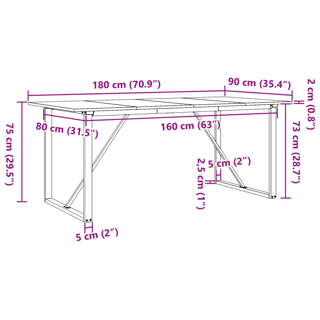 Spisebord O-ramme 180x90x75 cm heltre furu og stål