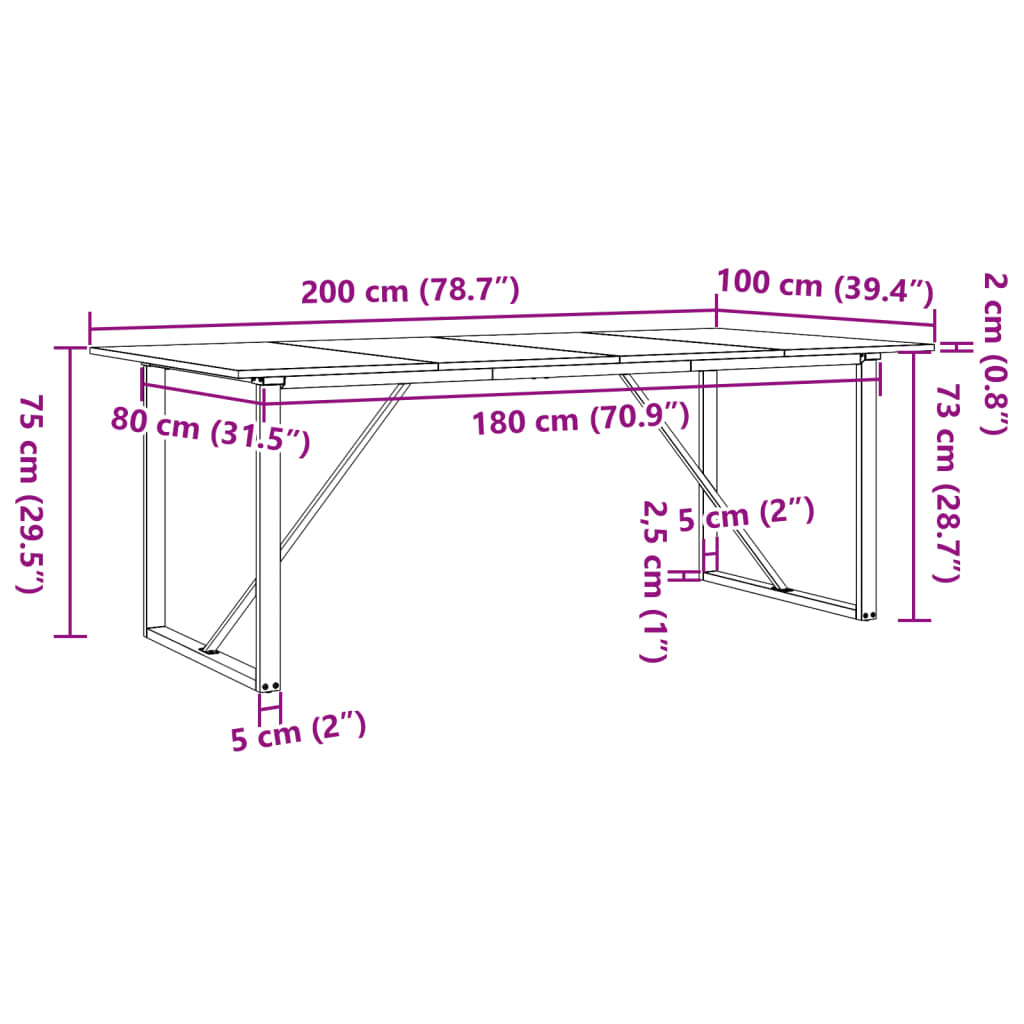 Spisebord O-ramme 200x100x75 cm heltre furu og stål
