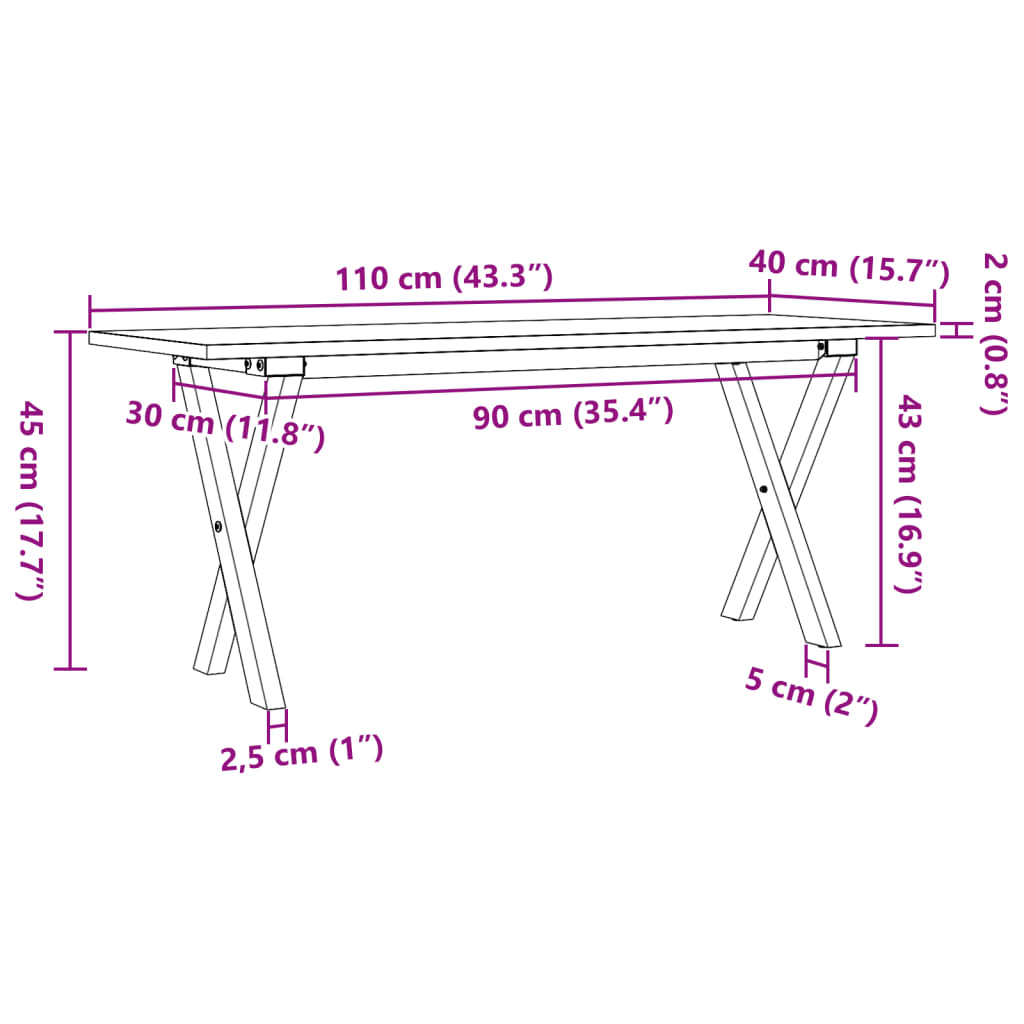 Salongbord X-ramme 110x40x45 cm heltre furu og stål