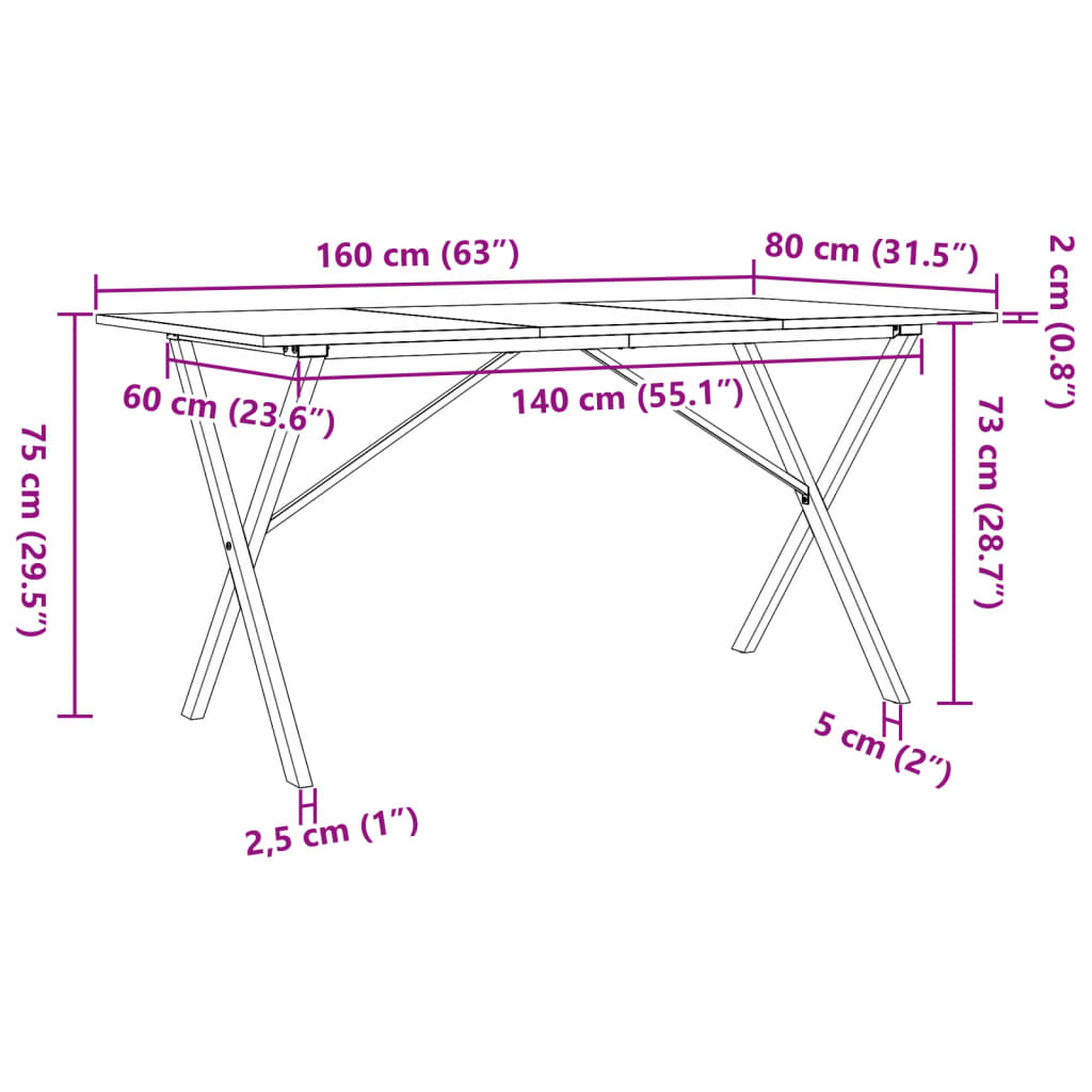 Spisebord X-ramme 160x80x75 cm heltre furu og stål