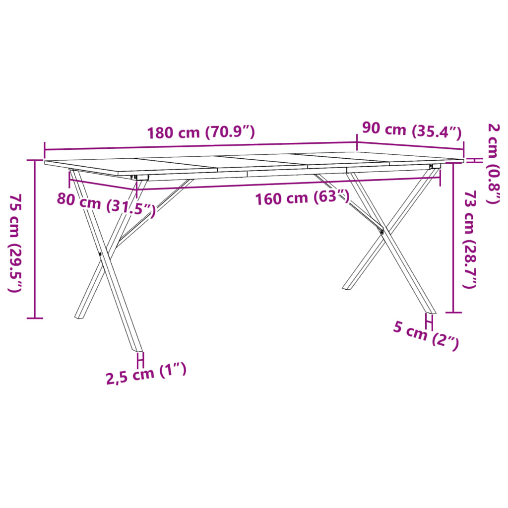 Spisebord X-ramme 180x90x75 cm heltre furu og stål
