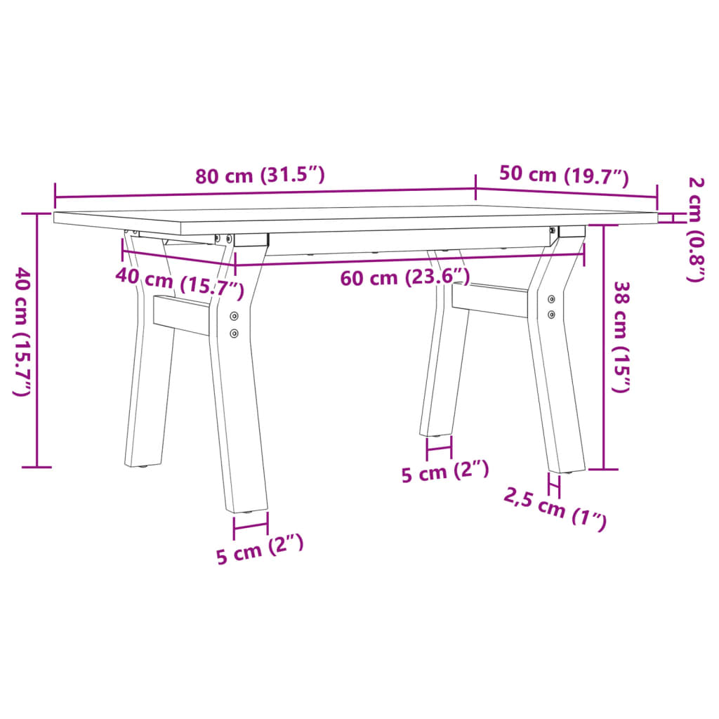 Salongbord Y-ramme 80x50x40 cm heltre furu og stål