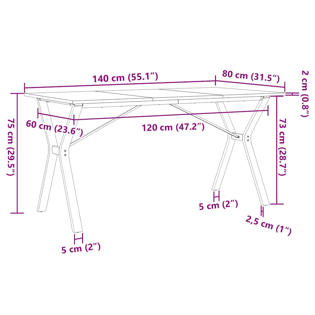 Spisebord Y-ramme 140x80x75 cm heltre furu og stål