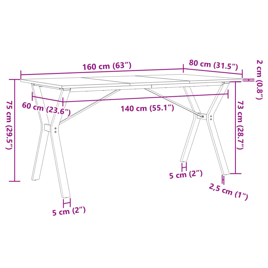Spisebord Y-ramme 160x80x75 cm heltre furu og stål