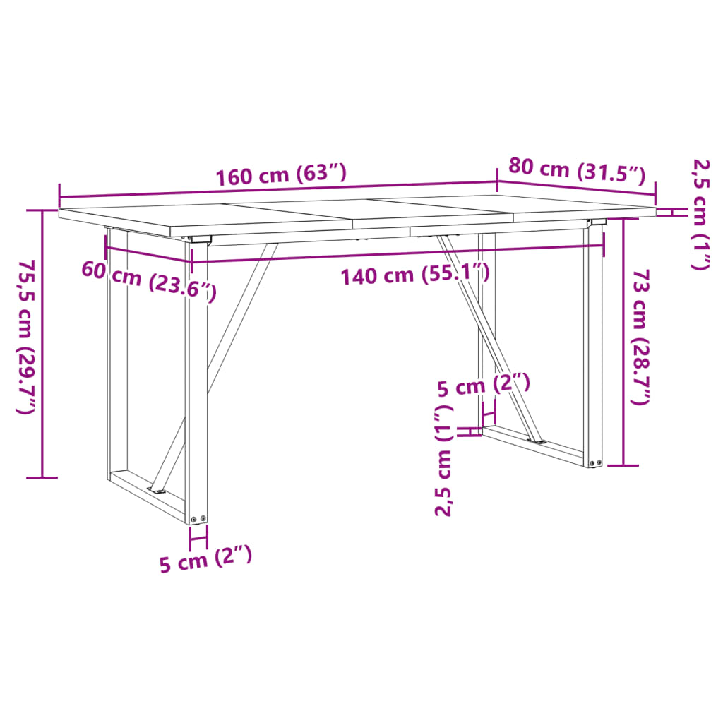Spisebord O-ramme 160x80x75,5 cm heltre furu og stål