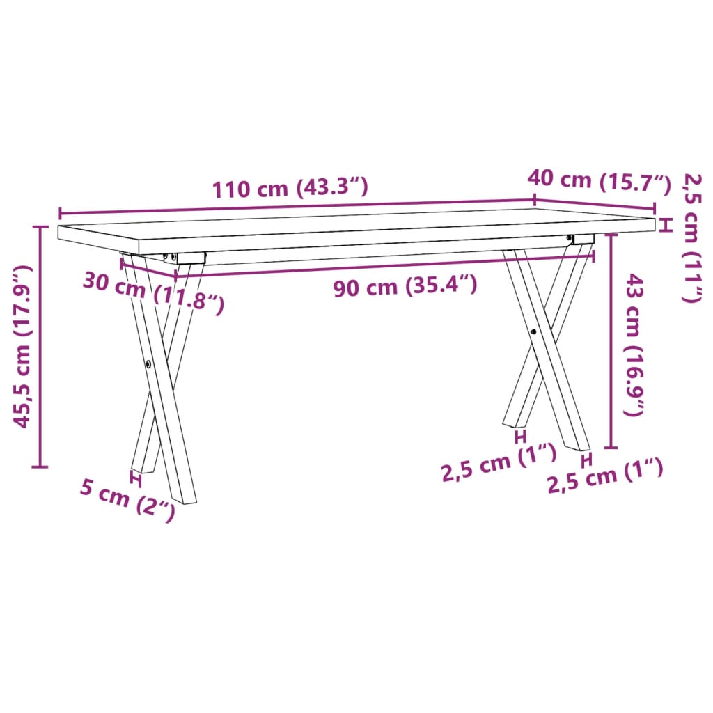Salongbord X-ramme 110x40x45,5 cm heltre furu og stål