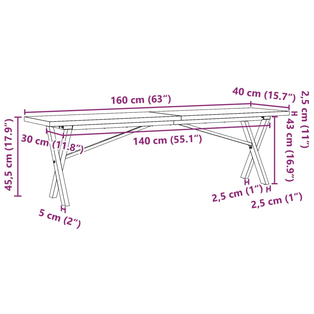 Salongbord X-ramme 160x40x45,5 cm heltre furu og stål