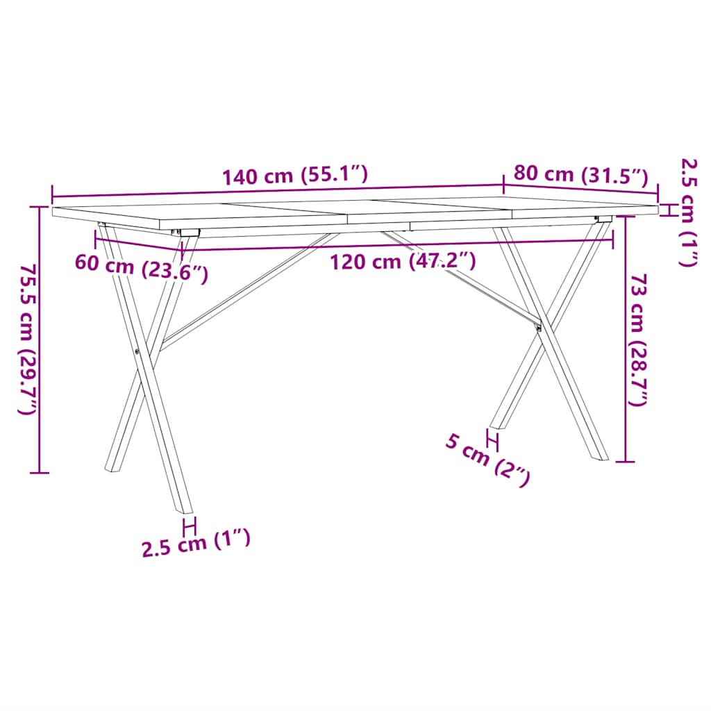 Spisebord X-ramme 140x80x75,5 cm heltre furu og stål