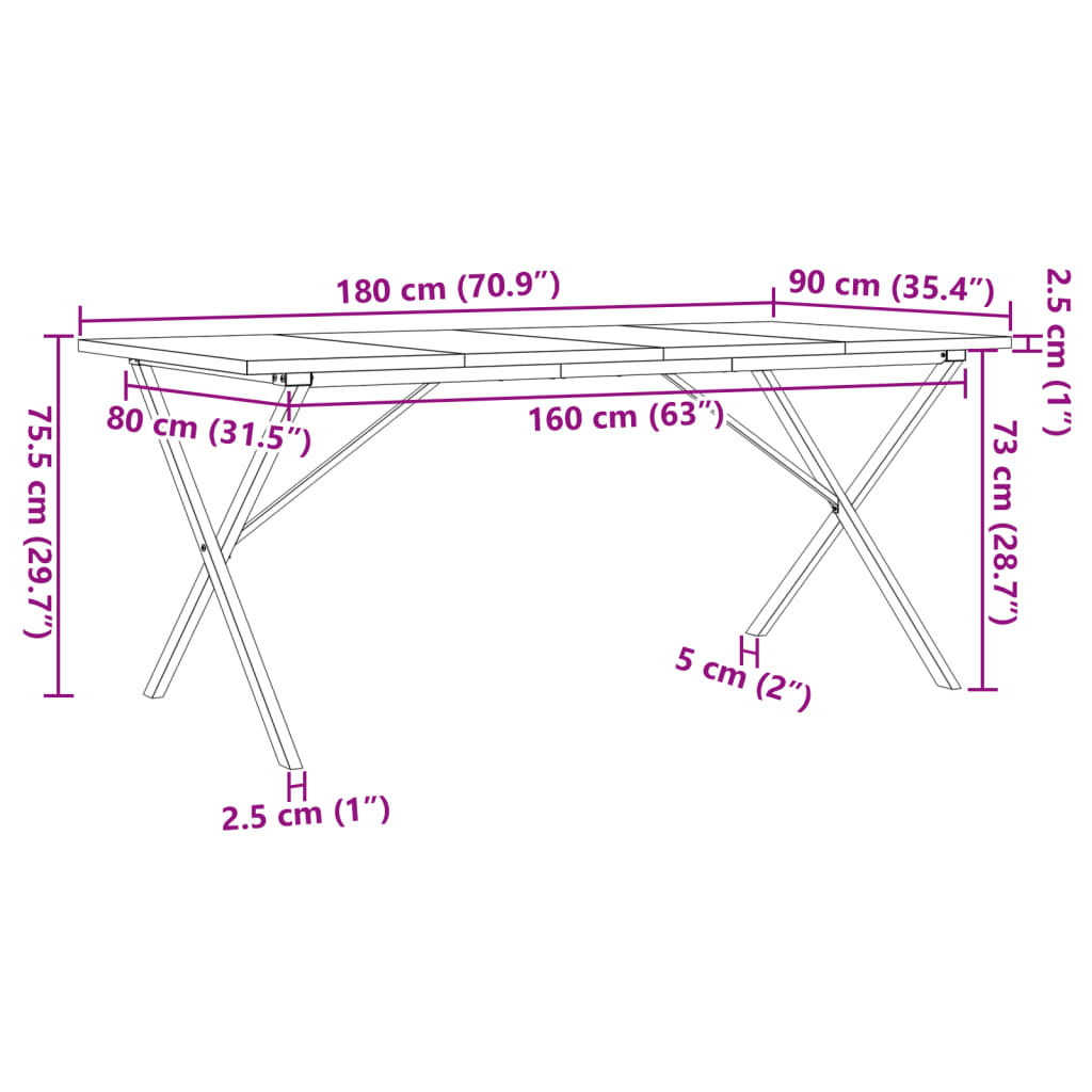 Spisebord X-ramme 180x90x75,5 cm heltre furu og stål