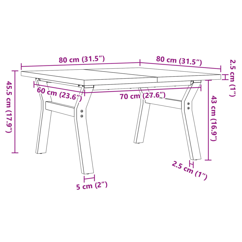 Salongbord Y-ramme 80x80x45,5 cm heltre furu og stål