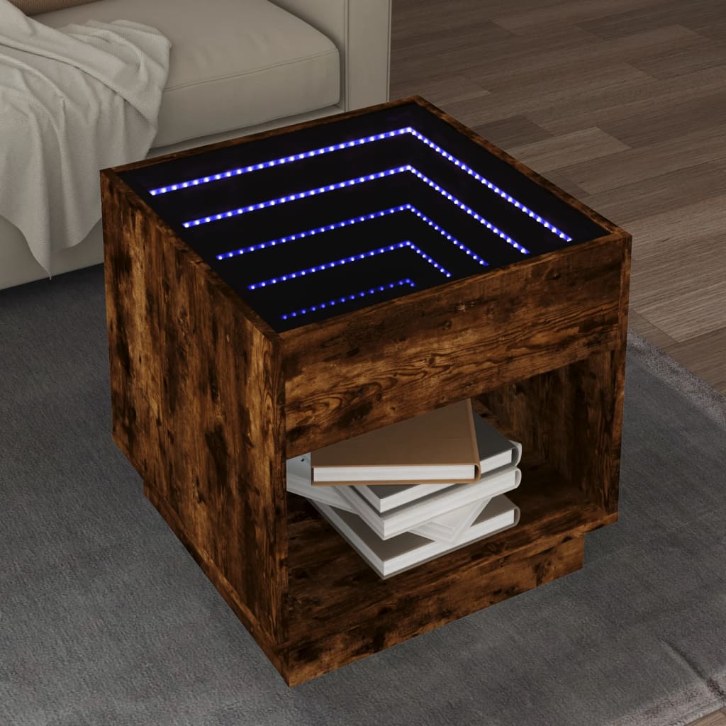Salongbord med Infinity LED røkt eik 50x50x50 cm