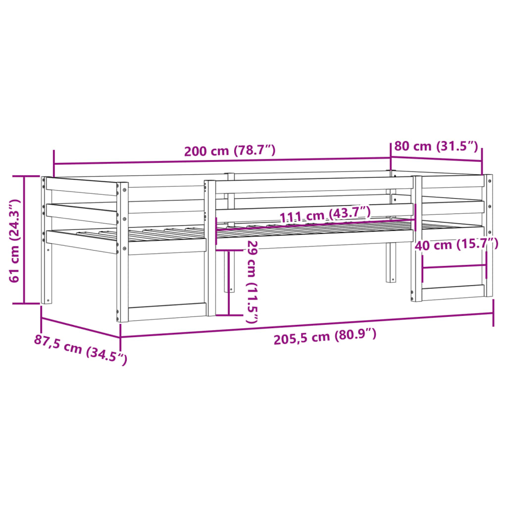 Sengeramme for barn voksbrun 80x200 cm heltre furu