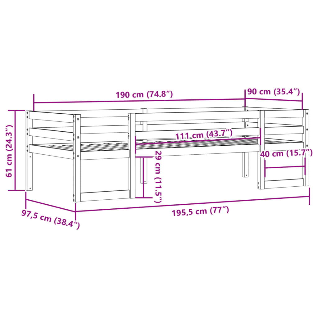 Sengeramme for barn voksbrun 90x190 cm heltre furu