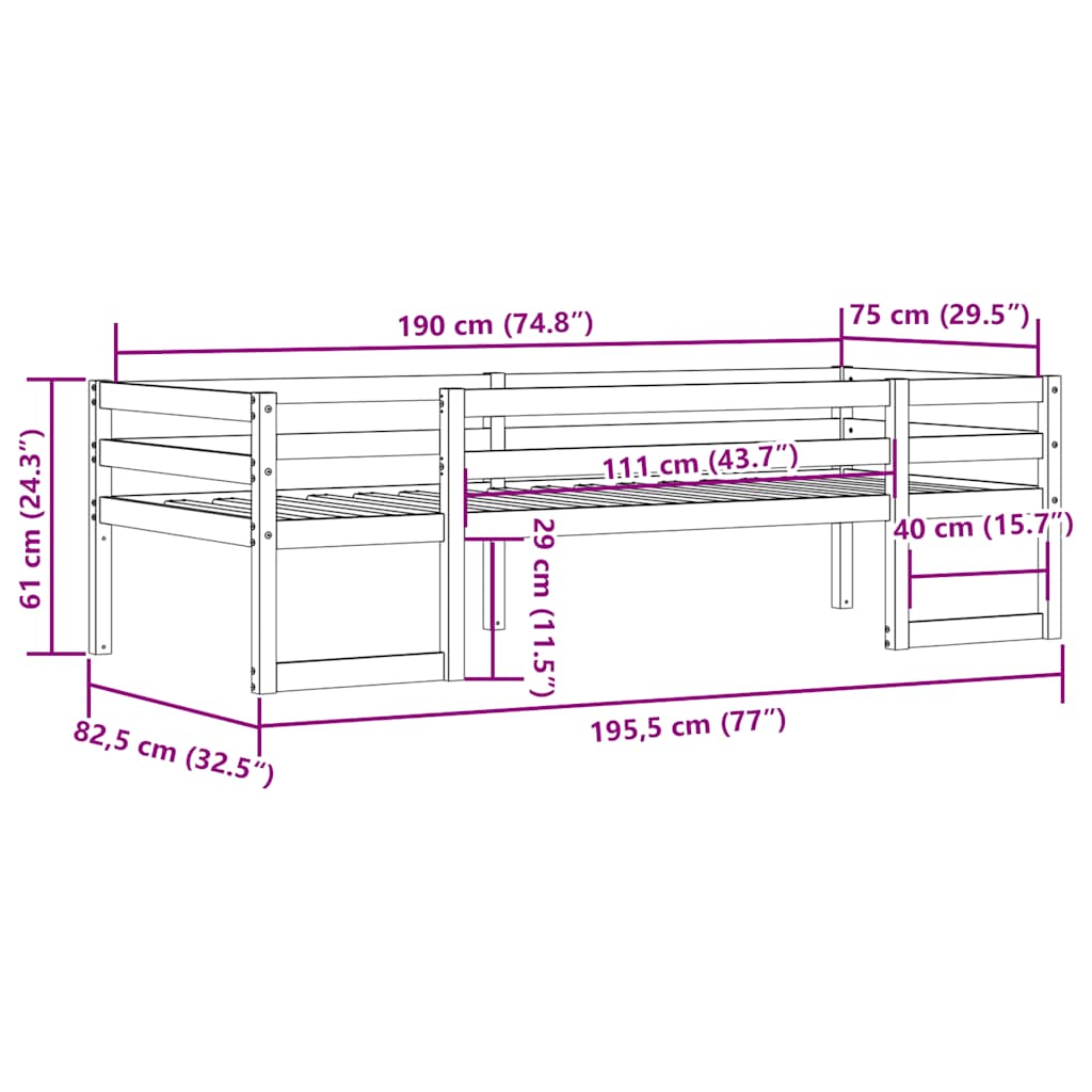 Sengeramme for barn voksbrun 75x190 cm heltre furu