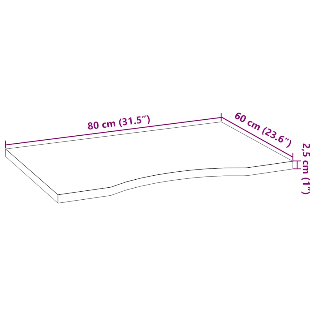 Bordplate rektangulær 80x60x2,5 cm ubehandlet heltre eik