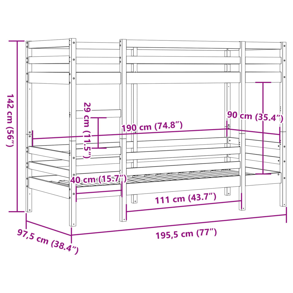 Køyeseng uten madrass 90x190 cm heltre furu