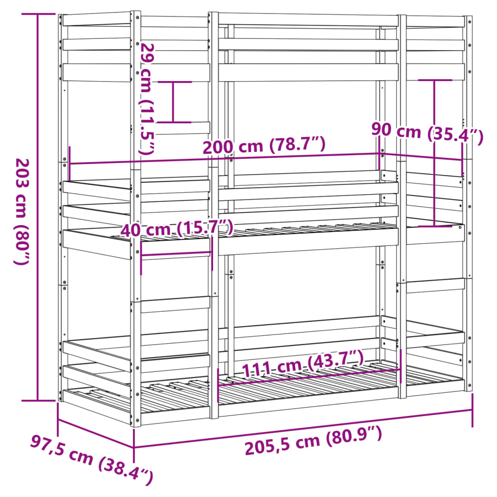 Trippel køyeseng hvit 90x200 cm heltre furu