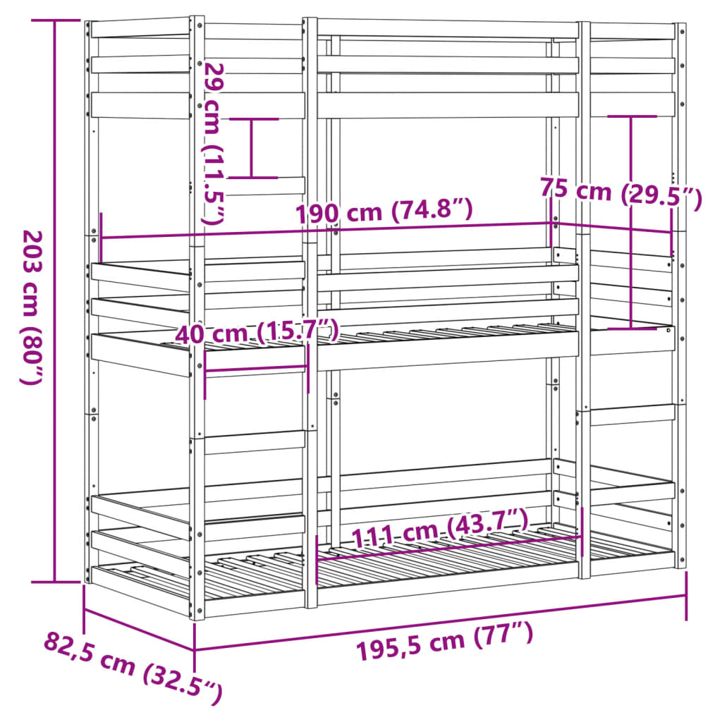 Trippel køyeseng hvit 75x190 cm heltre furu