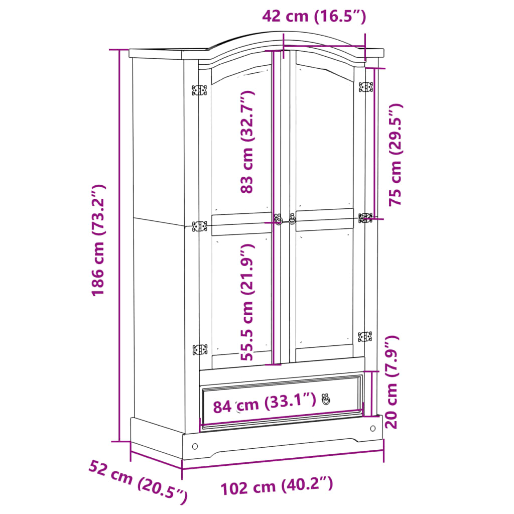 Garderobe Corona hvit 102x52x186 cm heltre furu
