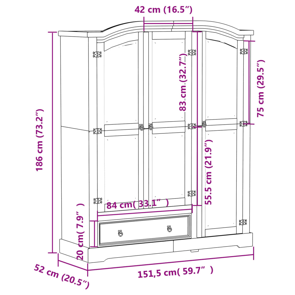 Garderobe Corona hvit 151,5x52x186 cm heltre furu vidaXL