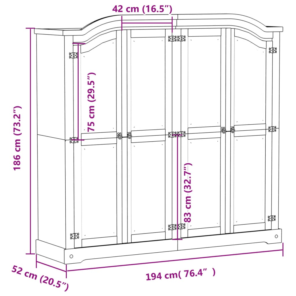 Garderobe Corona 194x52x186 cm heltre furu
