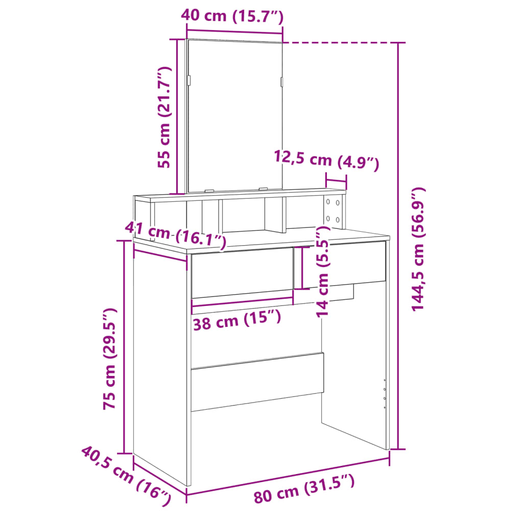 Sminkebord med speil sonoma eik 80x41x144,5 cm