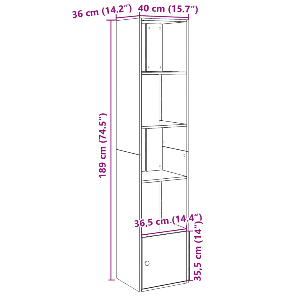 Bokhylle hvit 40x36x189 cm konstruert tre