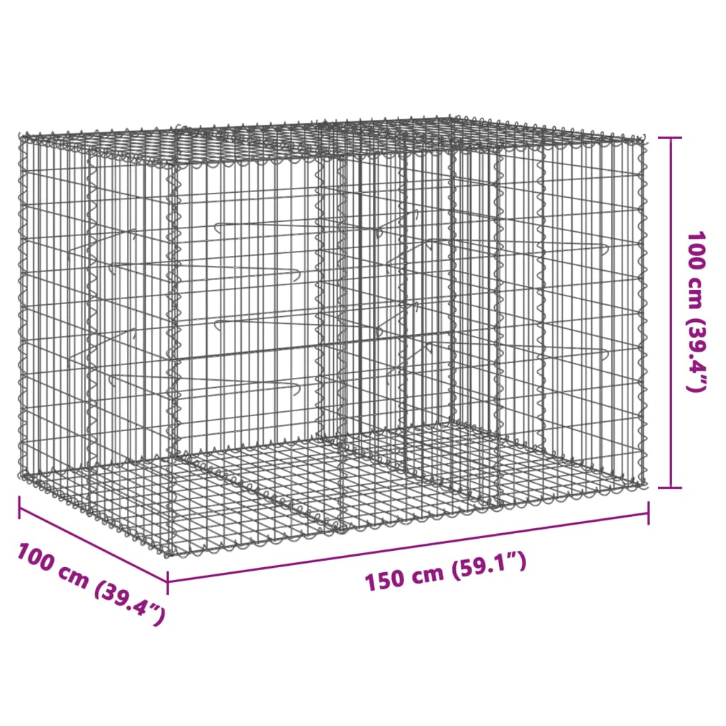Gabionkurv med deksel 150x100x100 cm galvanisert jern