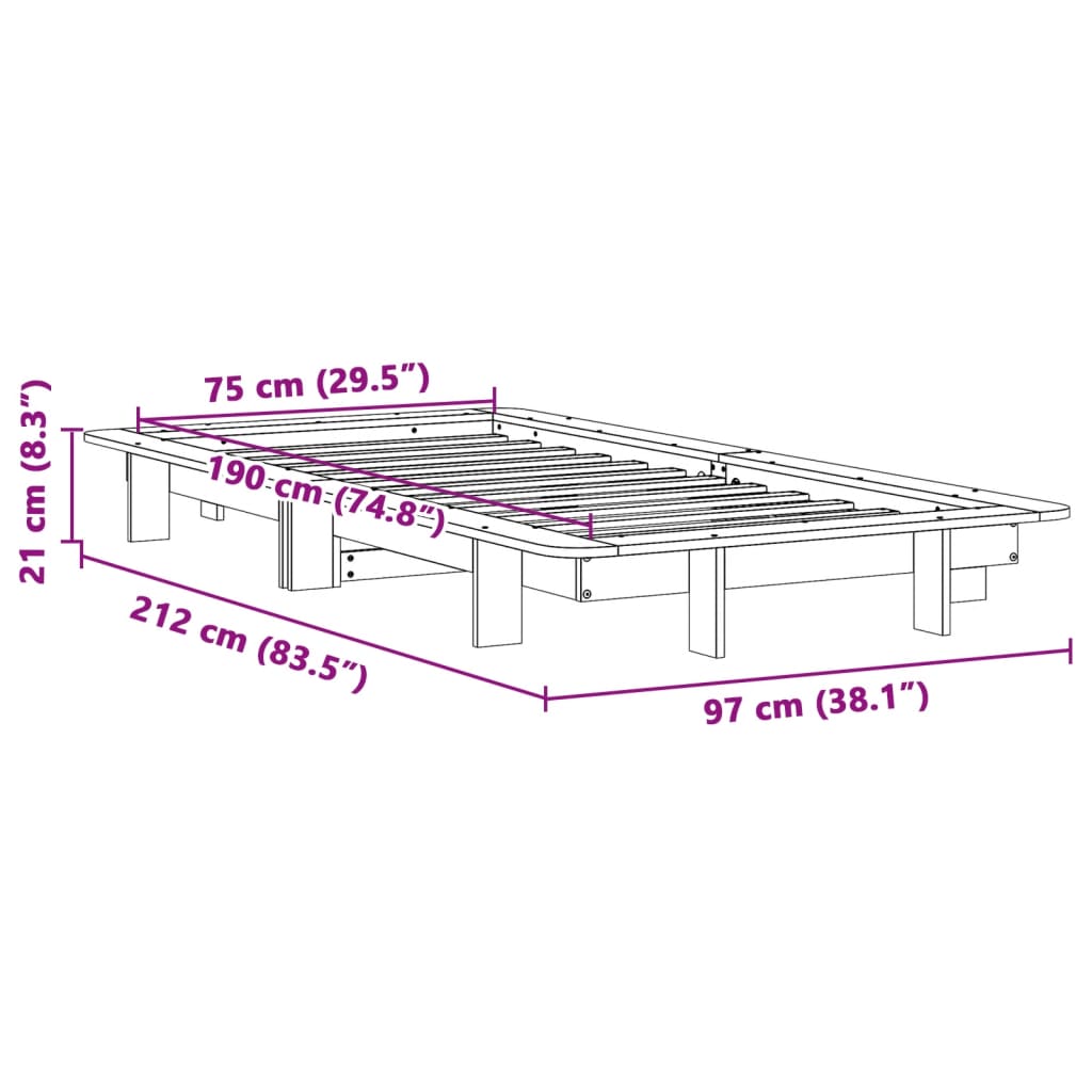 Sengeramme uten madrass hvit 75x190 cm heltre furu