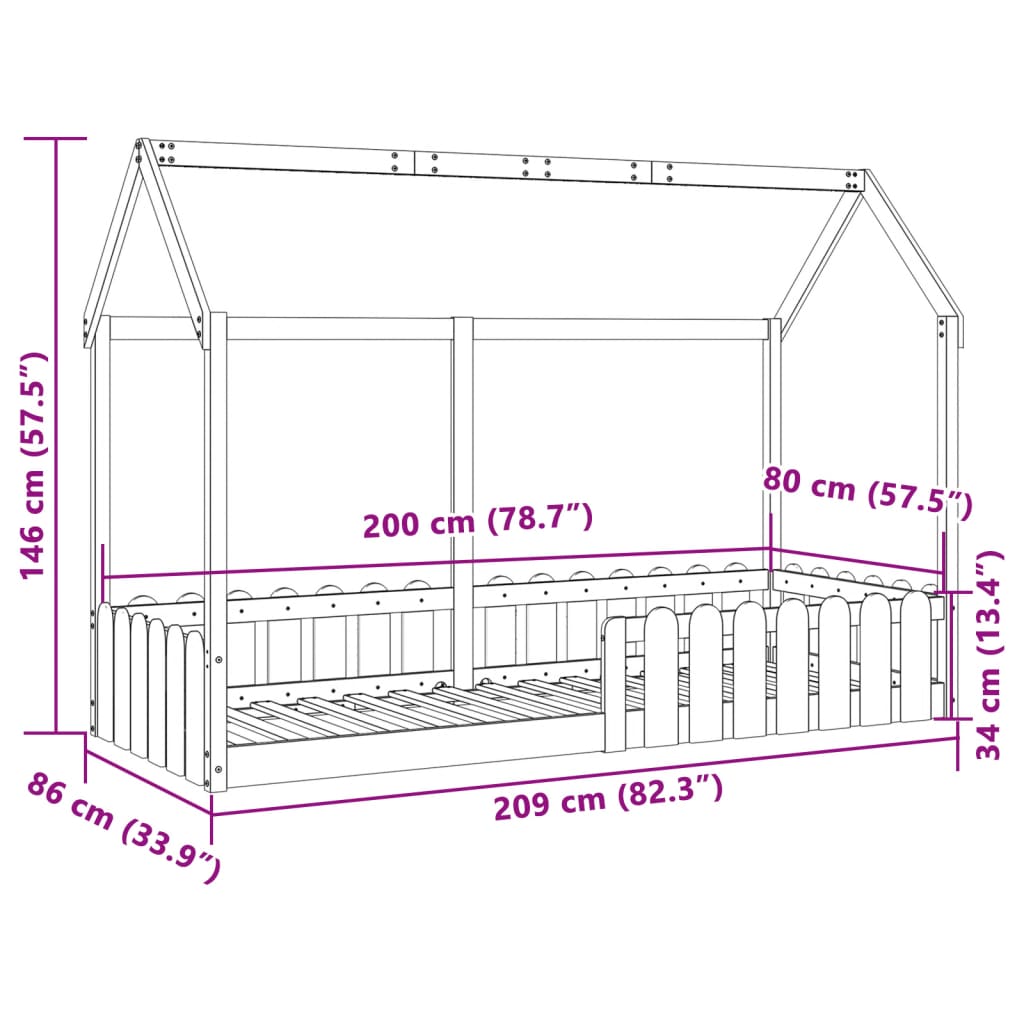 Barnesengeramme hvit 80x200 cm heltre furu