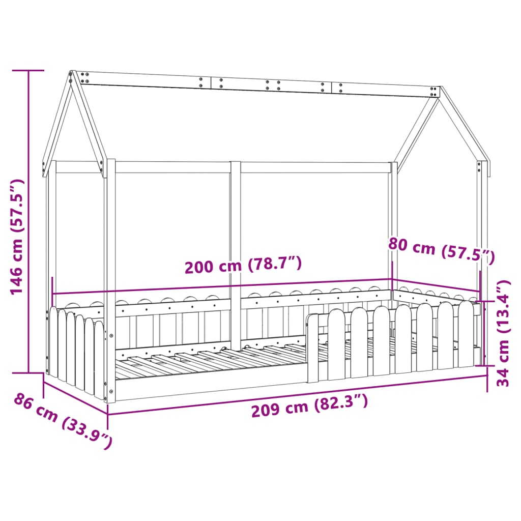Barneseng med tak voksbrun 80x200 cm heltre furu