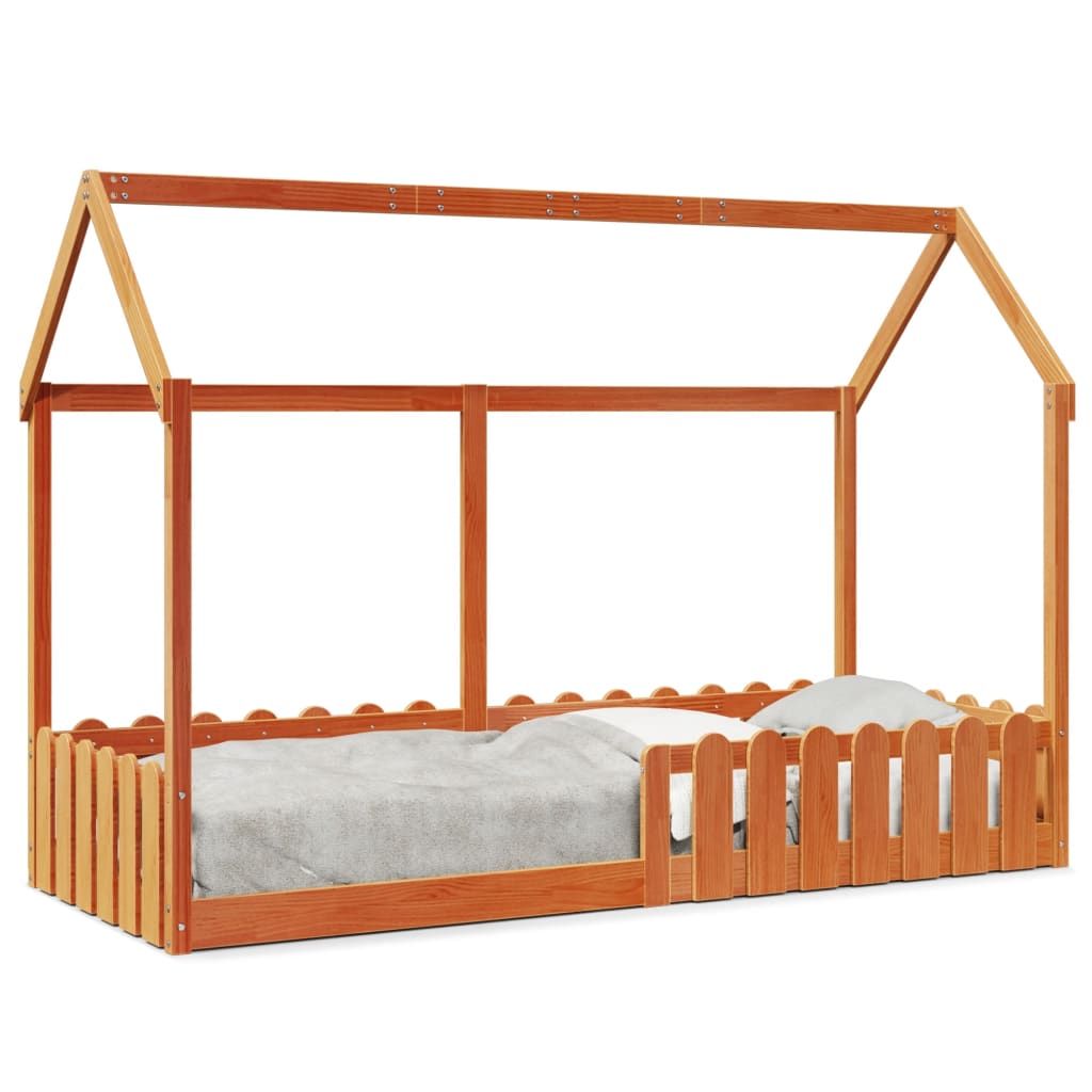 Barneseng med tak voksbrun 80x200 cm heltre furu