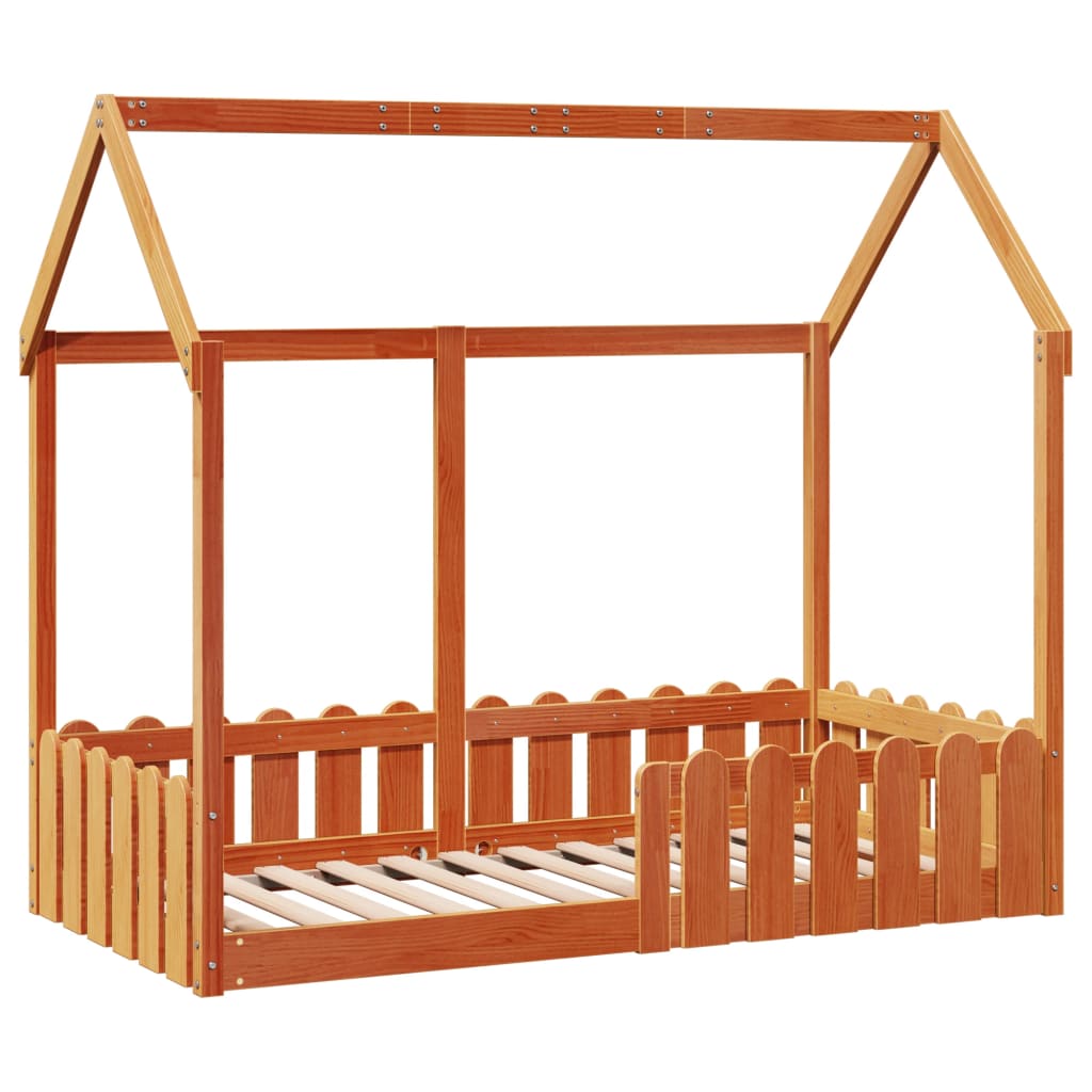 Barneseng med tak voksbrun 80x160 cm heltre furu