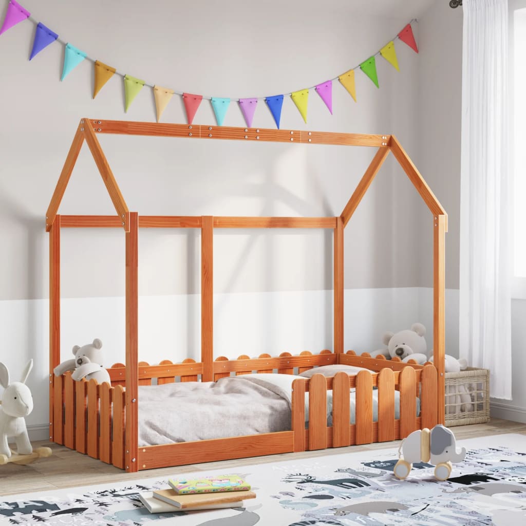 Barneseng med tak voksbrun 80x160 cm heltre furu