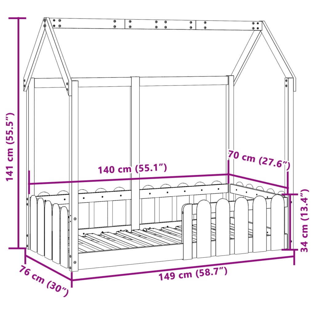 Barnesengeramme hvit 70x140 cm heltre furu