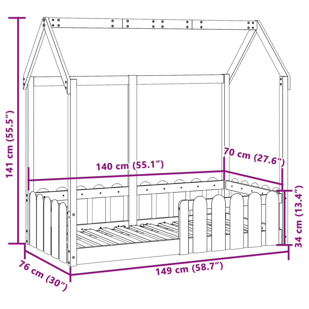 Barneseng med tak voksbrun 70x140 cm heltre furu