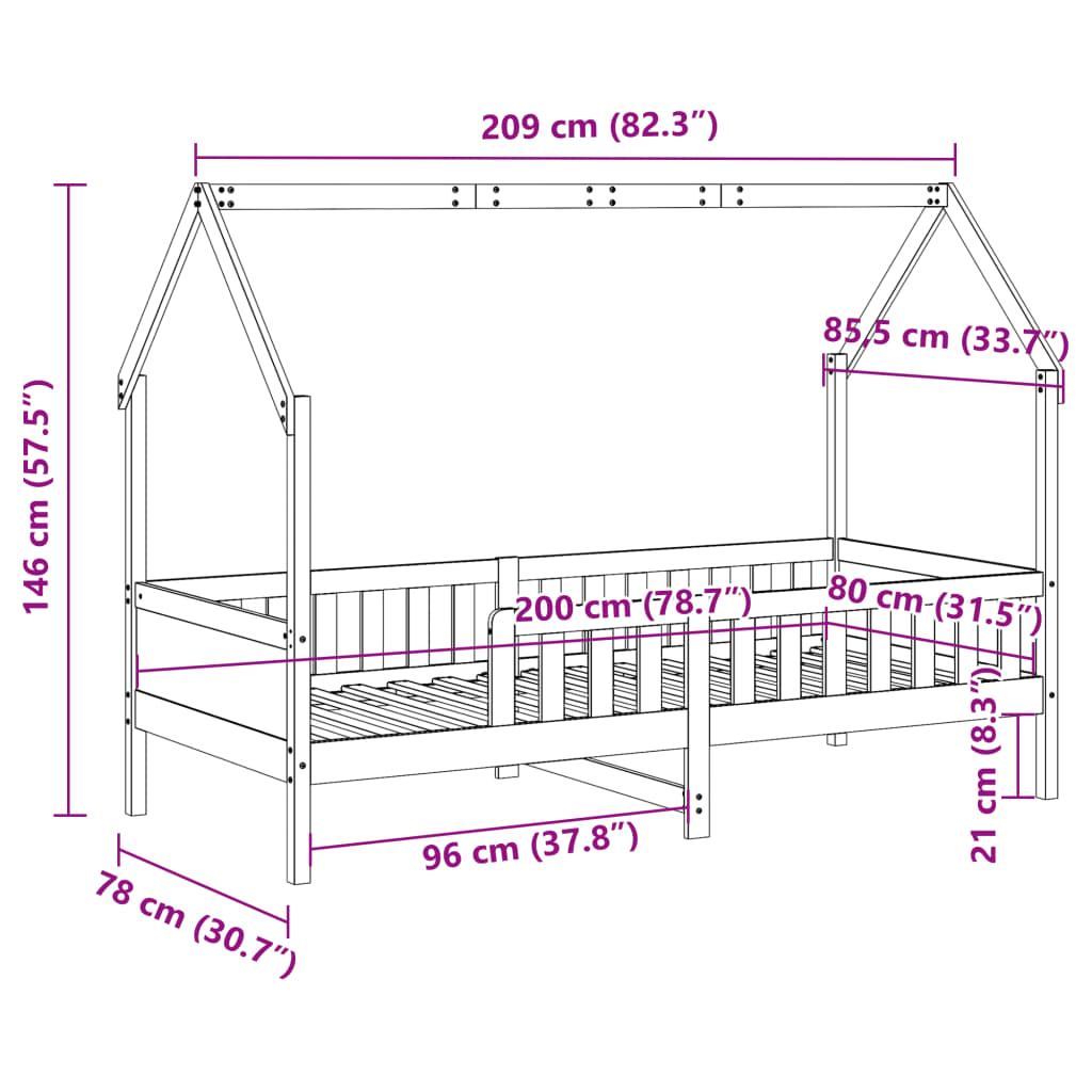 Barneseng med tak voksbrun 80x200 cm heltre furu