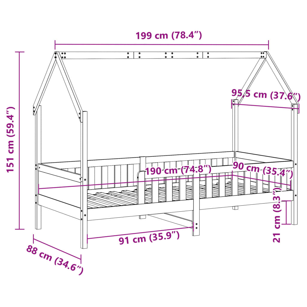 Barneseng med tak voksbrun 90x190 cm heltre furu